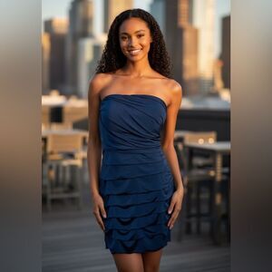 Speechless Dark Blue Navy Ruffled strapless fitted ruched bodycon mini dress